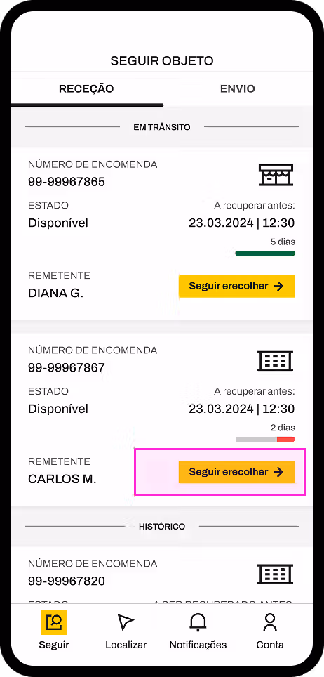 Captura de ecrã (ou print screen) da aplicação InPost que mostra dois pacotes prontos para recolha. Contém informações sobre o número de rastreio, o estado, o remetente e o tempo restante para recolher o pacote no ponto. Na captura de ecrã, destaca-se um botão com a etiqueta "rastreio e recolha".