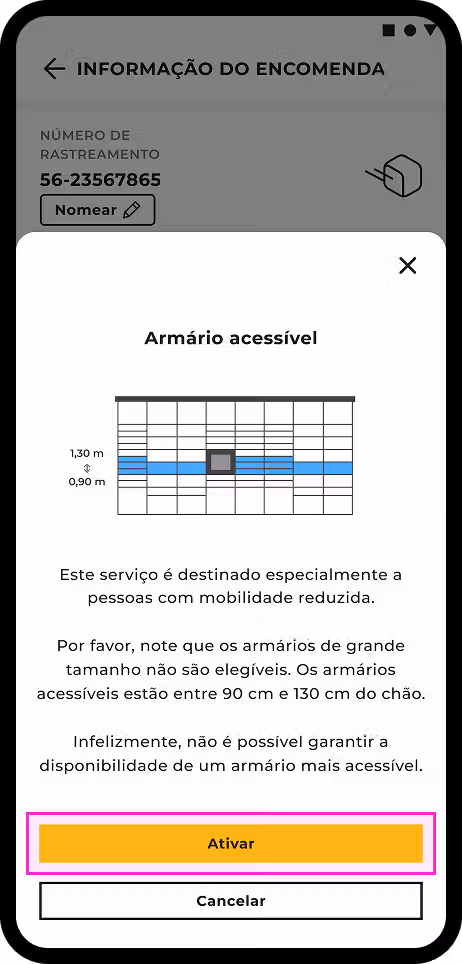 Captura de ecrã da aplicação InPost que mostra a funcionalidade "Acesso Fácil". Uma ilustração destaca os compartimentos dos cacifos localizados entre 90 cm e 130 cm do chão para utilizadores com deficiência. O texto observa que a disponibilidade não está garantida, os cacifos grandes estão excluídos e a funcionalidade pode ser ativada ou desativada.