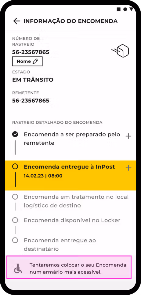 Captura de ecrã da aplicação InPost que mostra os detalhes de rastreio. Uma barra de progresso de 5 etapas destaca a etapa 2: "Encomenda aceite pela InPost". Na parte inferior, uma mensagem destacada refere que o estafeta tentará colocar a encomenda num cacifo de fácil acesso.