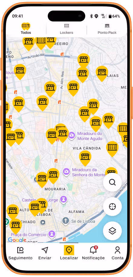 Aplicação InPost aberta no smartphone com Encontra o teu Ponto Pack ou Locker