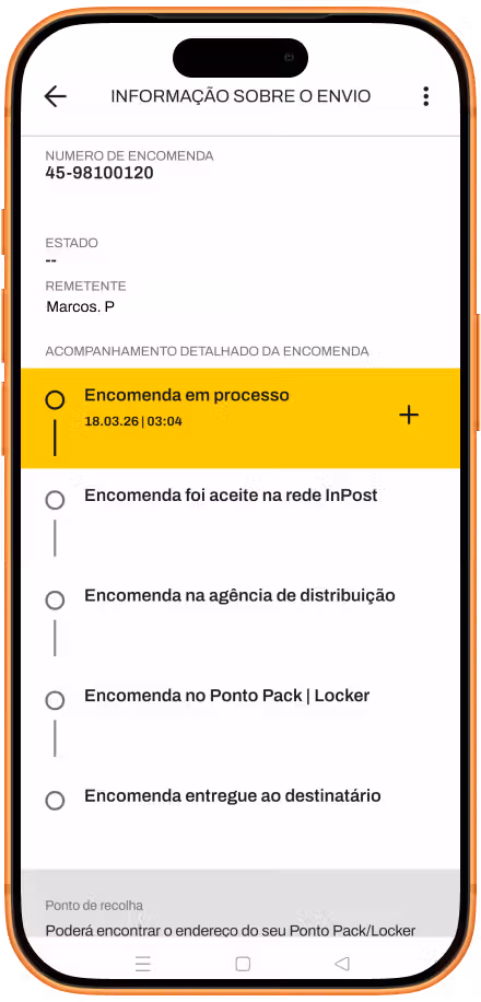 Captura de ecrã da aplicação InPost com as informações de acompanhamento da encomenda. O ecrã apresenta detalhes como remetente e estado, juntamente com cinco etapas de entrega: 1. Encomenda em processo, 2. Encomenda aceite na rede InPost, 3. Encomenda na agência de distribuição, 4. Encomenda no Ponto Pack | Locker, 5. Encomenda entregue ao destinatário. O envio é apresentado numa fase inicial do acompanhamento. Por baixo, a secção "Ponto de recolha" indica onde o utilizador pode encontrar o endereço do seu Ponto Pack/Locker.