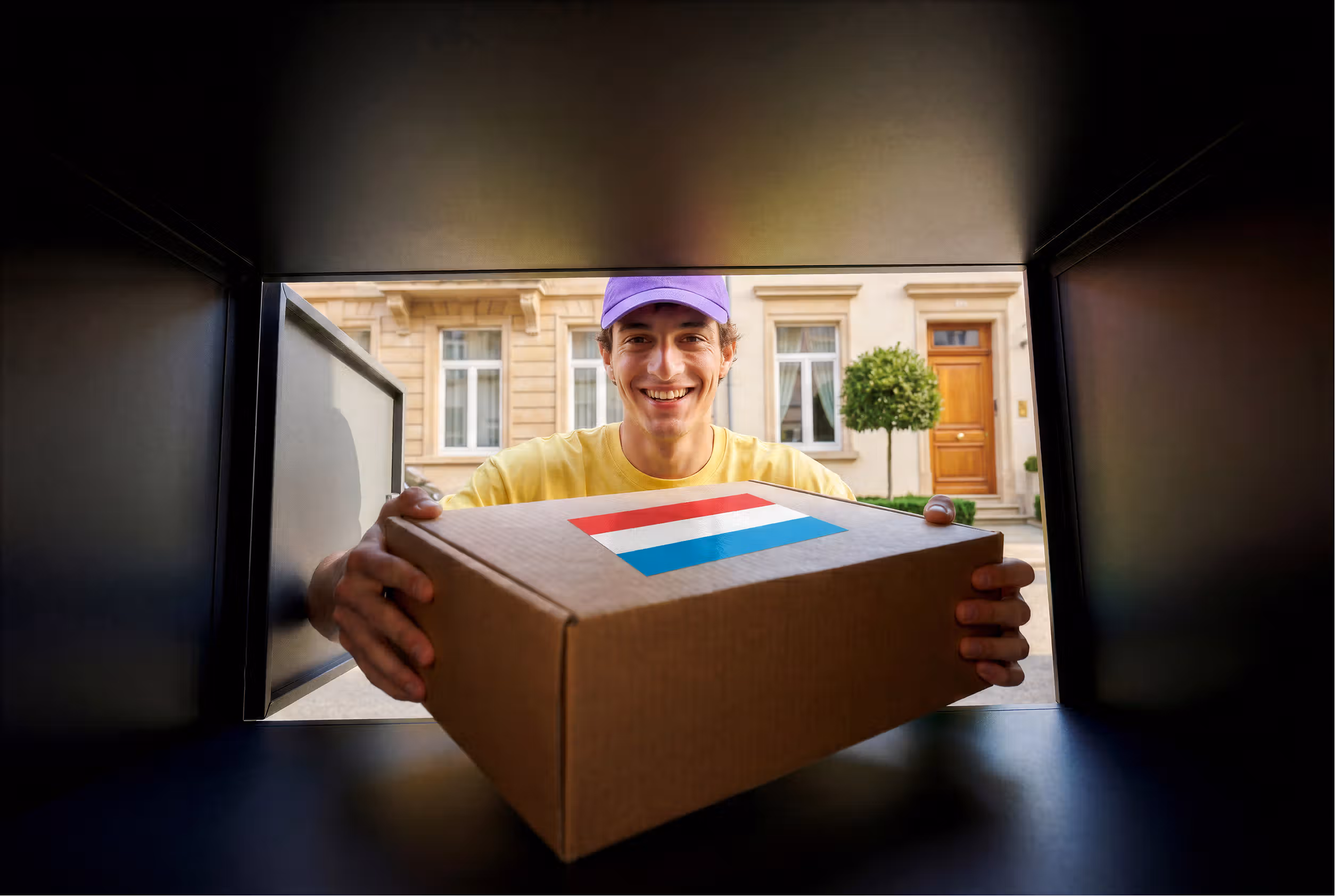 Um estafeta sorridente, com boné roxo e t-shirt amarela, entrega uma caixa de cartão com uma etiqueta tricolor através de uma porta ou caixa de correio. A cena é vista do interior, com a rua e uma casa ao fundo.