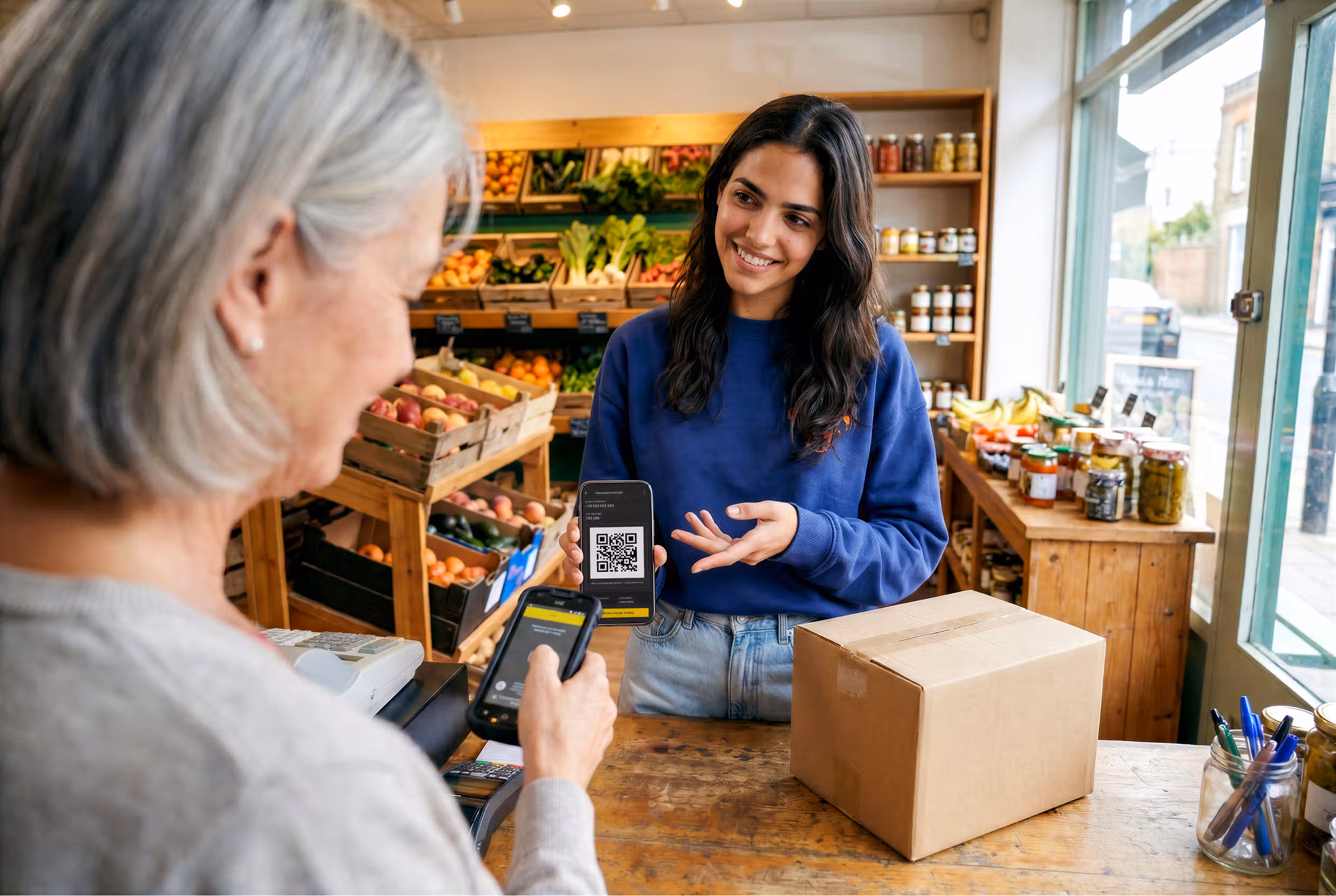 Uma jovem numa loja de produtos frescos mostra um código QR no seu telemóvel a uma cliente mais velha na caixa. A cliente segura outro telemóvel para fazer o pagamento, junto a uma caixa de cartão sobre o balcão.