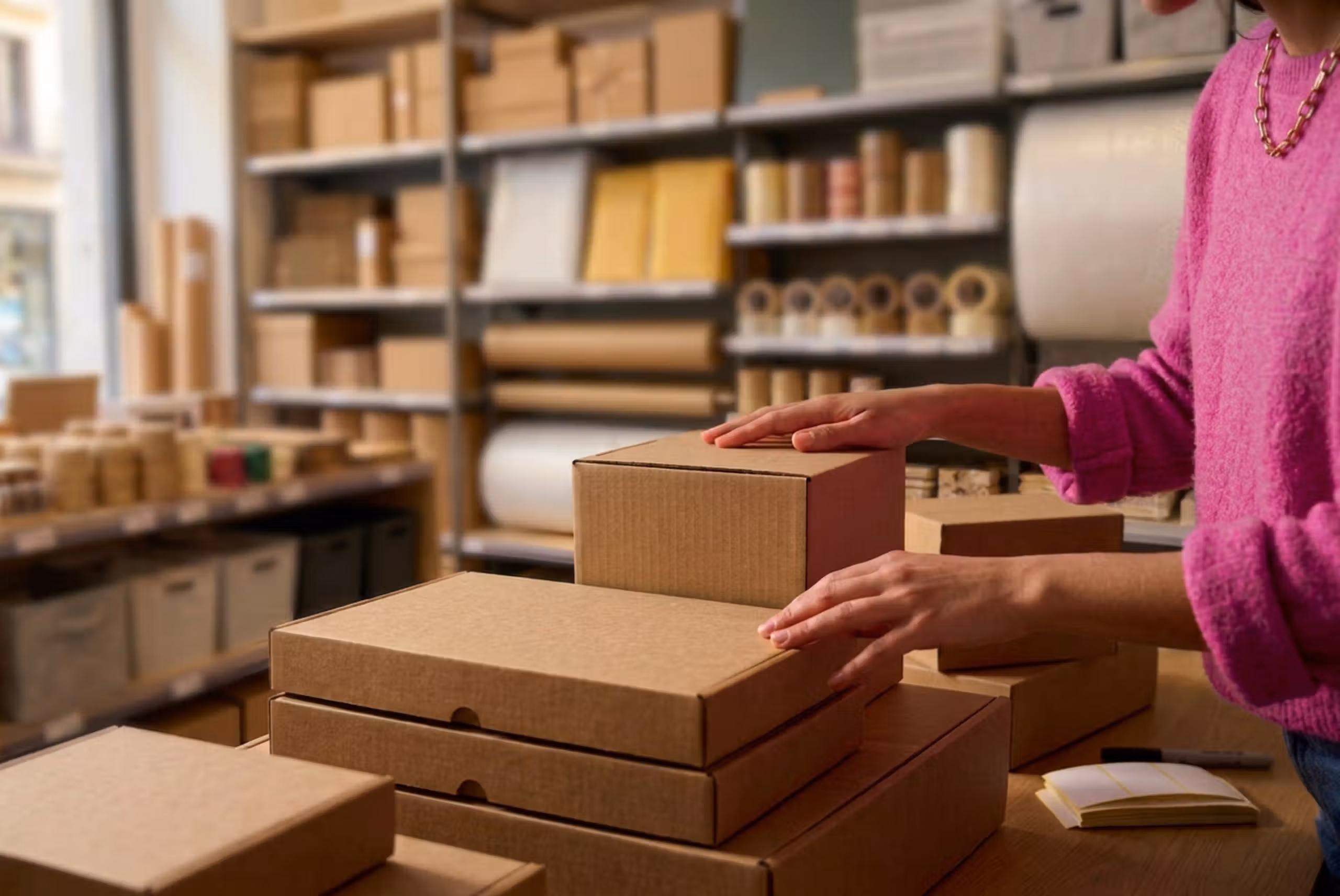 Pessoa a escolher uma caixa de cartão para preparar um envio com a InPost