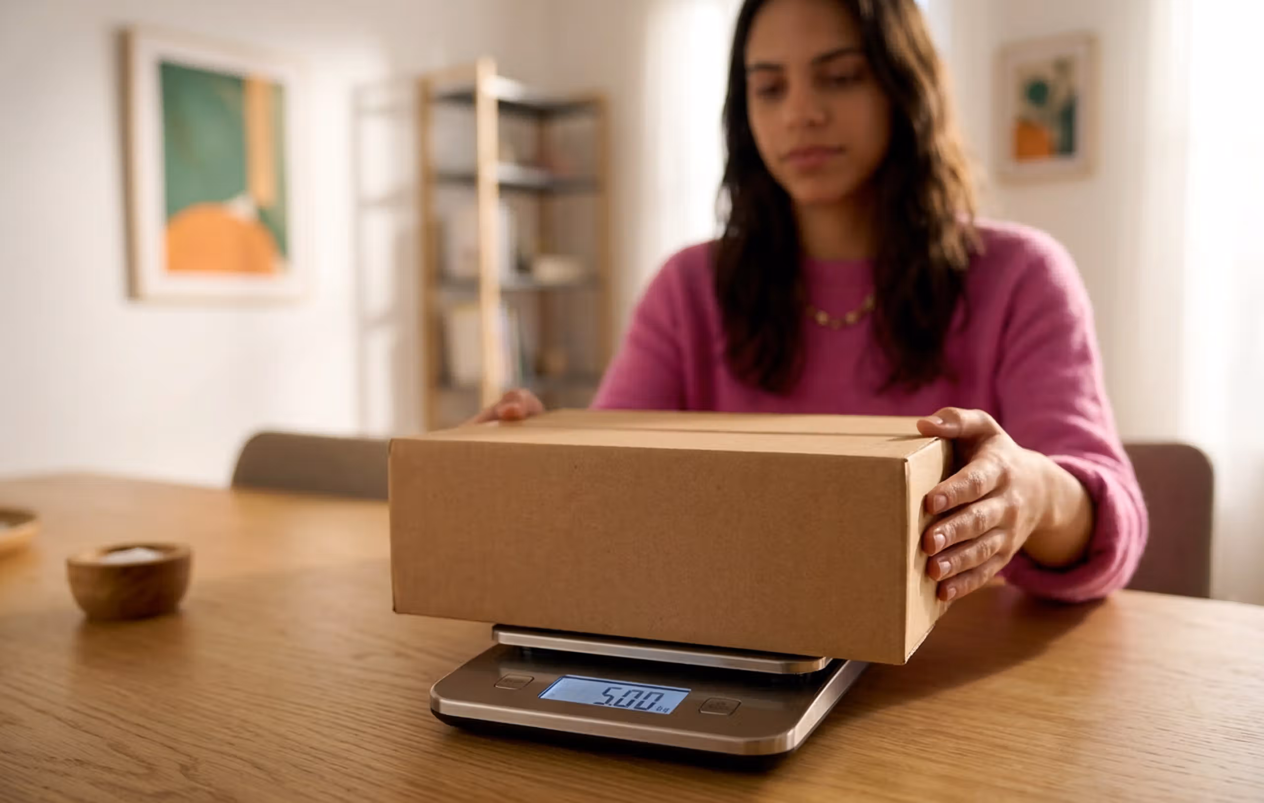 Pessoa a pesar uma caixa para preparar um envio com a InPost